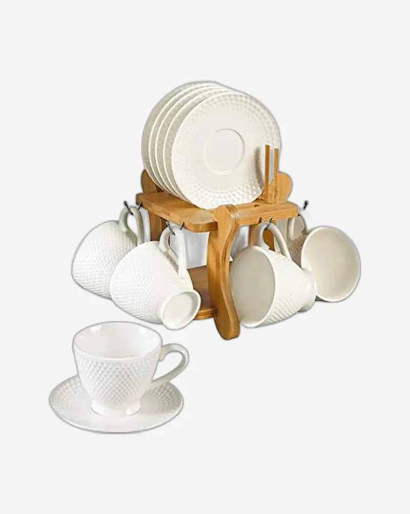 12-Piece 180Ml Porcelain Cups & Saucers With Bamboo Stand – Versatile Coffee Or Tea Service 1