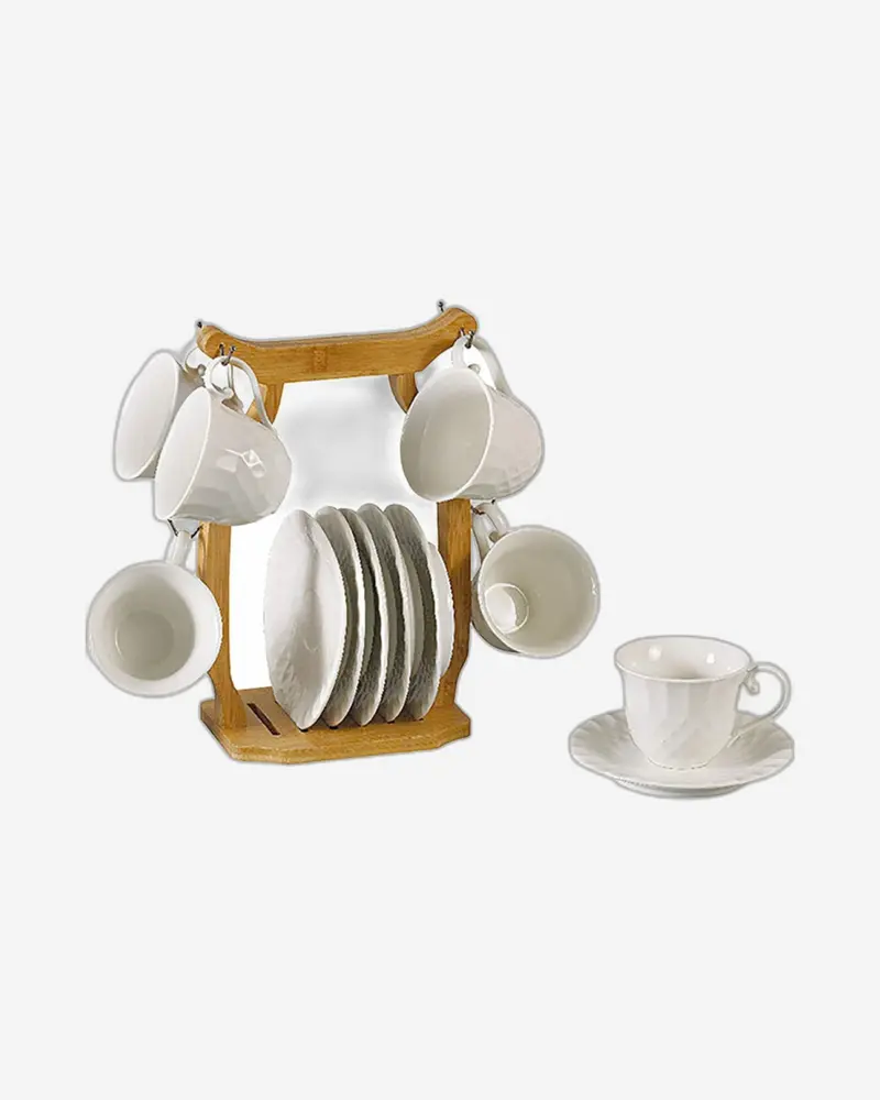 12-Piece 90Ml Porcelain Tea/Coffee Cups & Saucers With Bamboo Stand – Minimalist White Set 1