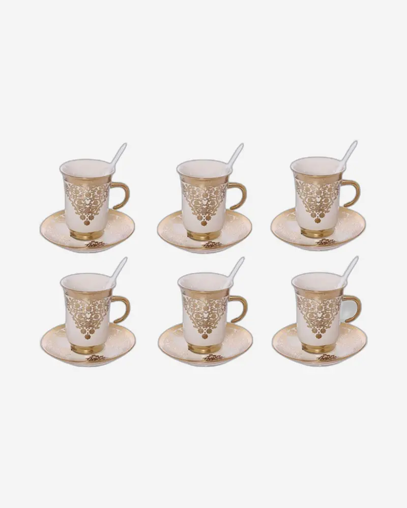 12-Piece Beige & Gold Porcelain Cup & Saucer Set – Warm-Tone Ceramic Service For Daily Enjoyment 1