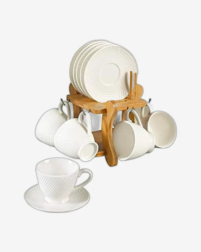 12-Piece Porcelain Tea Set – 90Ml Cups & Saucers On Bamboo Base, Sophisticated White 1