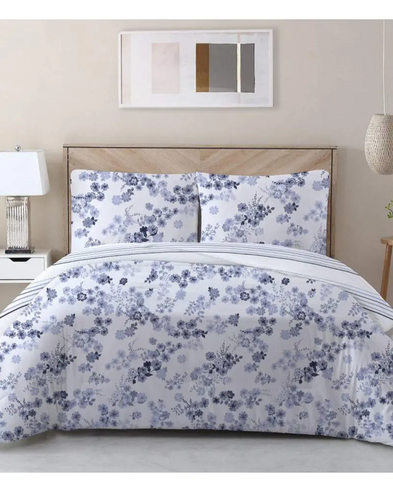 3-Piece Disty Floral Blue Cotton Comforter Set By Cotton Home 1