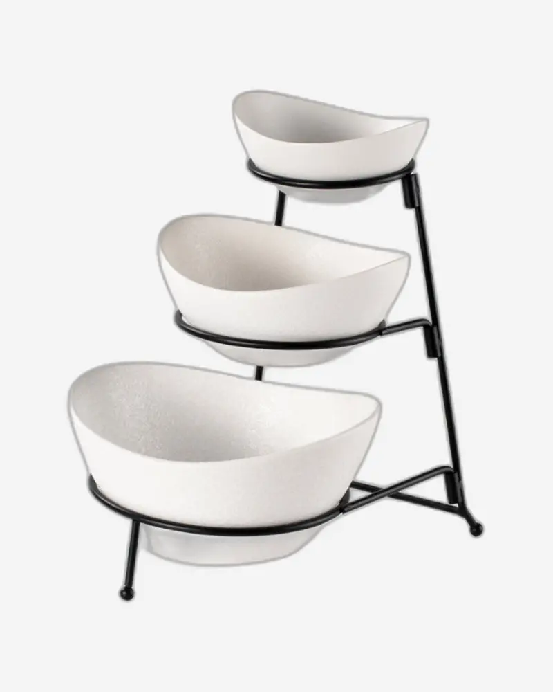 3-Tier Porcelain Serving Bowl Set – White Nesting Bowls (13Cm/16Cm/19Cm) With Sleek Black Stand 1