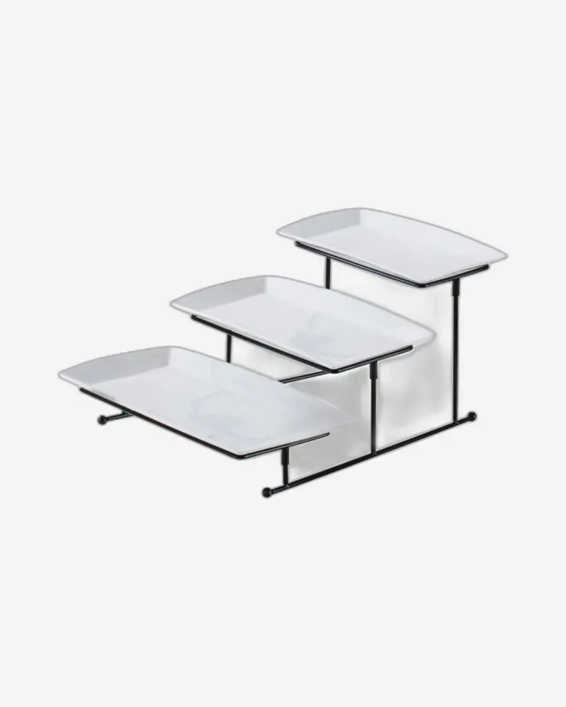 3-Tier Rectangular Porcelain Serving Platter Set – White Plates With Black Metal Stand (27Cm, 31Cm, 35Cm) 1