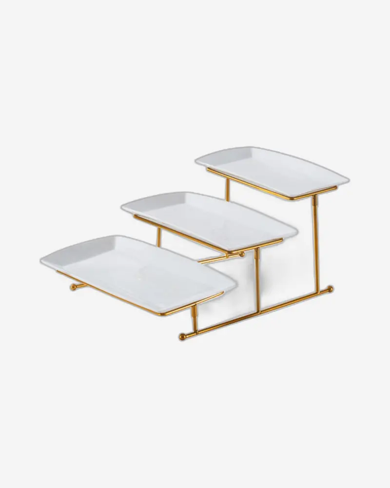 3-Tier Rectangular Porcelain Serving Tray – White Plates (27Cm/31Cm/35Cm) With Gold Stand 1