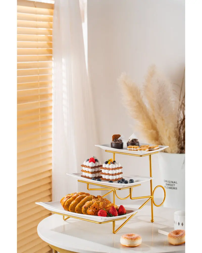 3-Tier Stackable Porcelain Soup Or Dessert Platter Set – White With Gold Stand (23Cm, 28Cm, 33Cm) 1