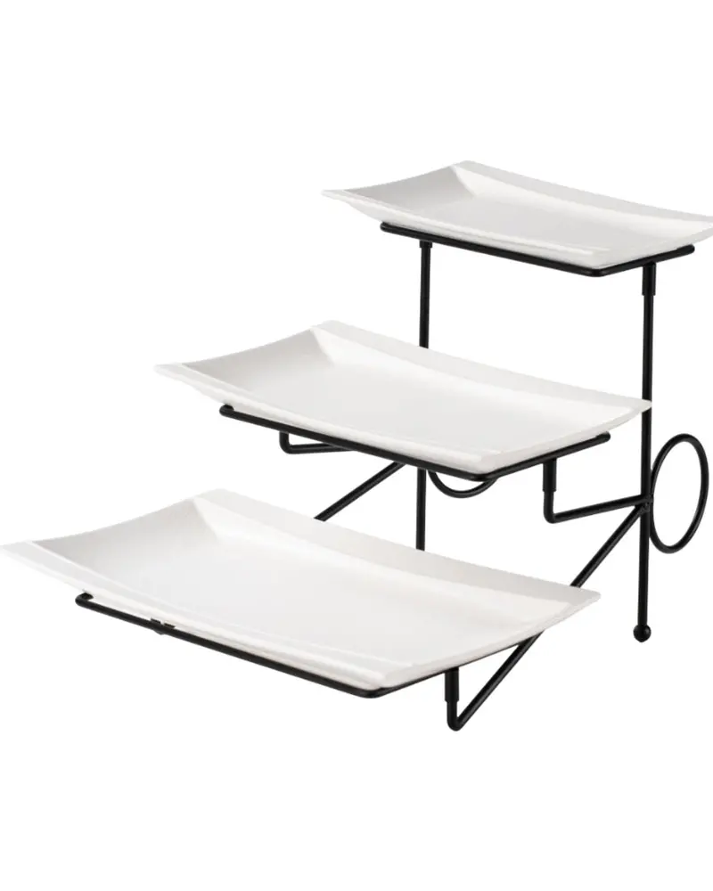3-Tier Stackable Porcelain Soup Or Dessert Platter Set – White With Matte Black Stand (23Cm, 28Cm, 33Cm) 1