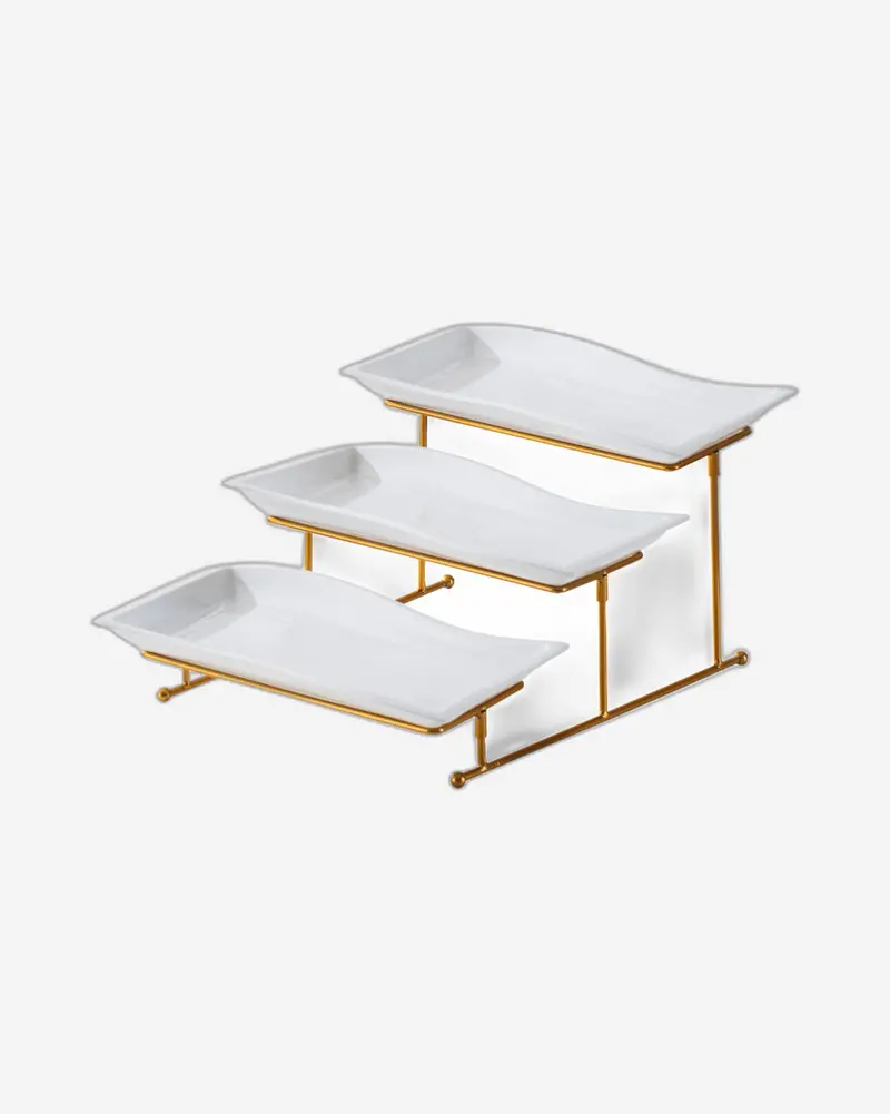3-Tier White Rectangular Porcelain Platter – 33Cm Size With Gold Metal Stand 1