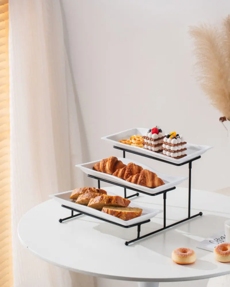 3-Tier White Rectangular Porcelain Platter – 33Cm Size With Matte Black Stand 1