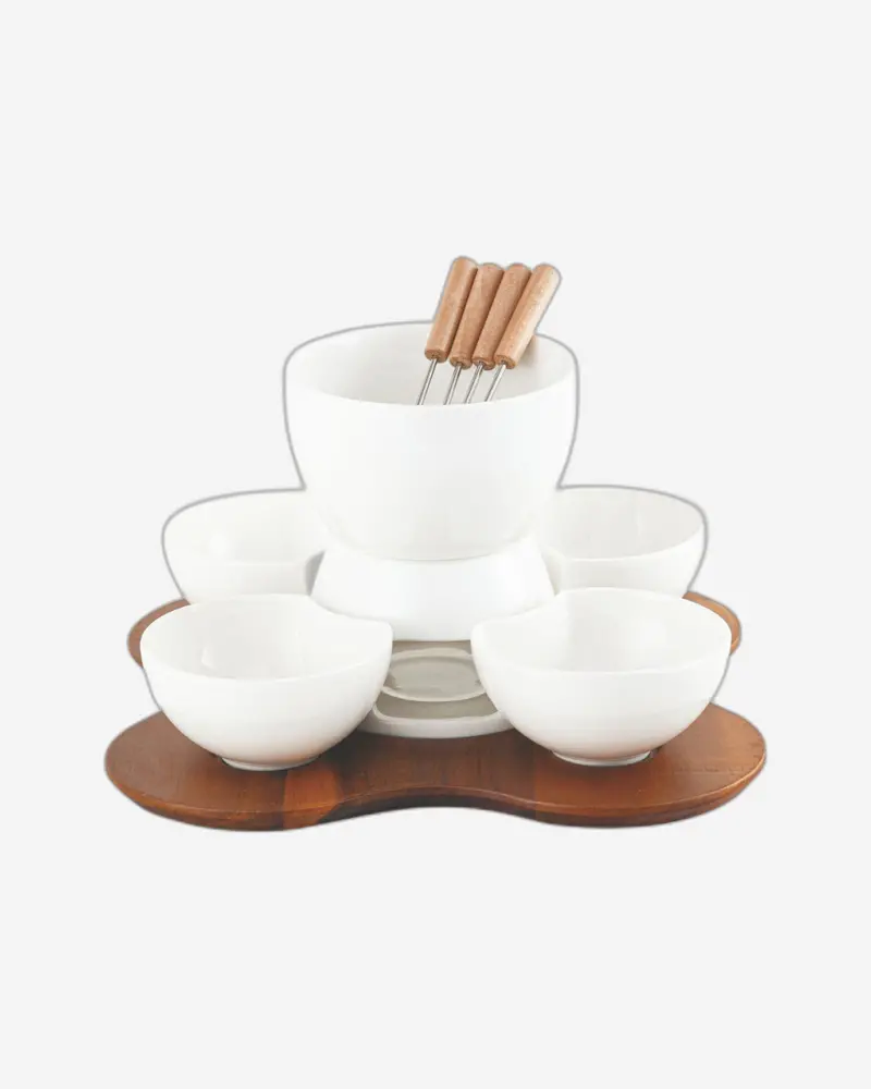 Acacia Wood & Porcelain Fondue Set – 10-Piece Stainless Steel Kit (27Cm, White & Natural Brown) 1