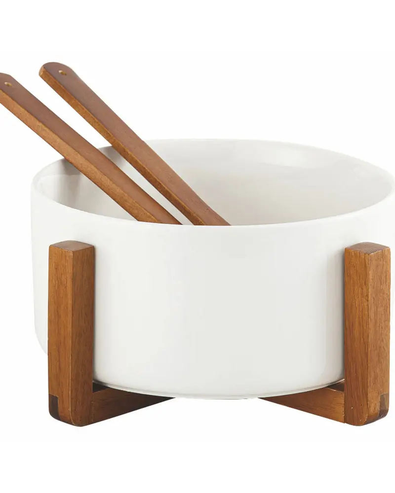 Acacia Wood & Porcelain Salad Bowl With Matching Spoon – 20Cm Serving Dish (White & Natural Brown) 1