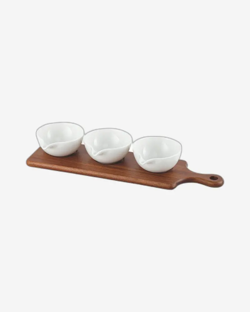 Acacia Wood & Porcelain Serving Set – 3-Piece Oversized Platters (40Cm, White & Natural Brown) 1