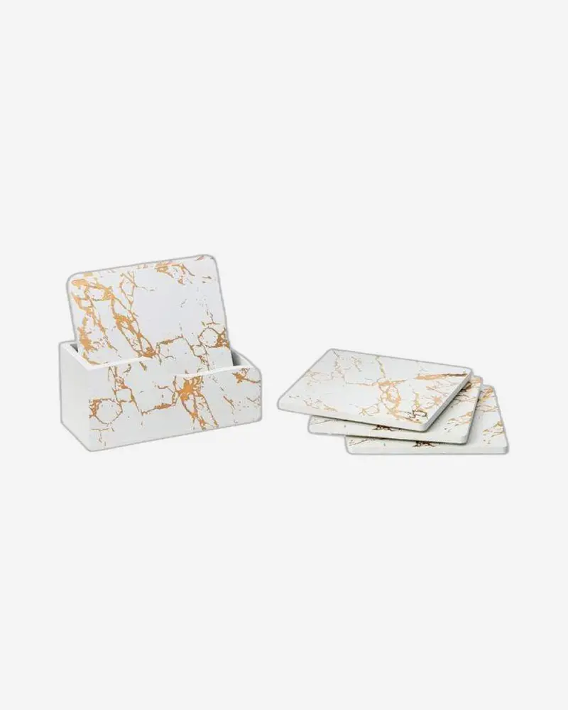 Aish Home White & Gold Marble Wooden Coaster Set (6-Pc) With Stand – A029 1