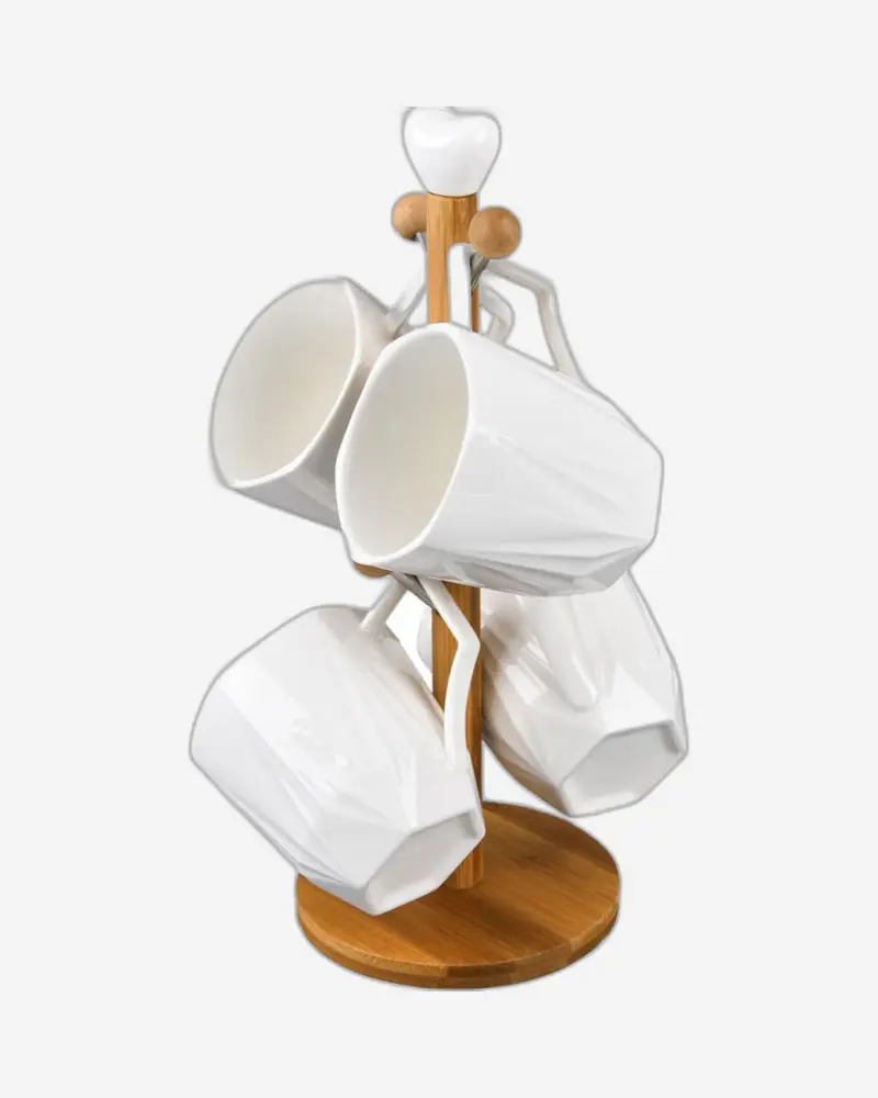 Bamboo Mug Tree Holder With 4 Matching Porcelain Mugs – 300Ml Kitchen Organizer 1