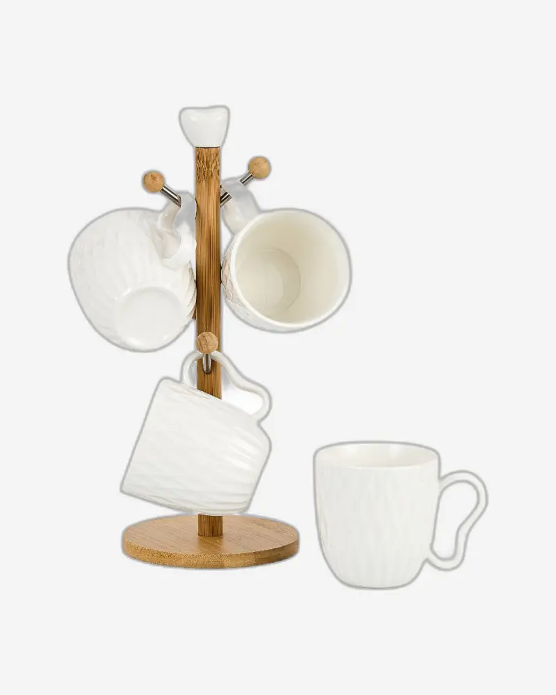 Bamboo-Theme Porcelain Mug Set – 4-Piece 300Ml Mugs With Display Stand 1