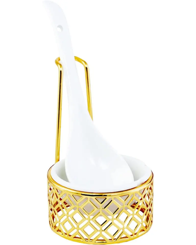 Bone China Soup Spoon Rest With Gold Metal Rack And Included Serving Spoon 1