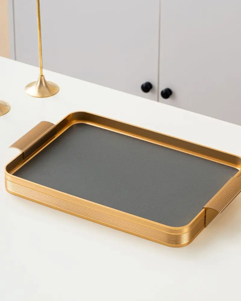 Chaoan Amber Large Leather Serving Tray – Slate Grey With Gold Details (49 × 32 × 3.6 Cm) 1