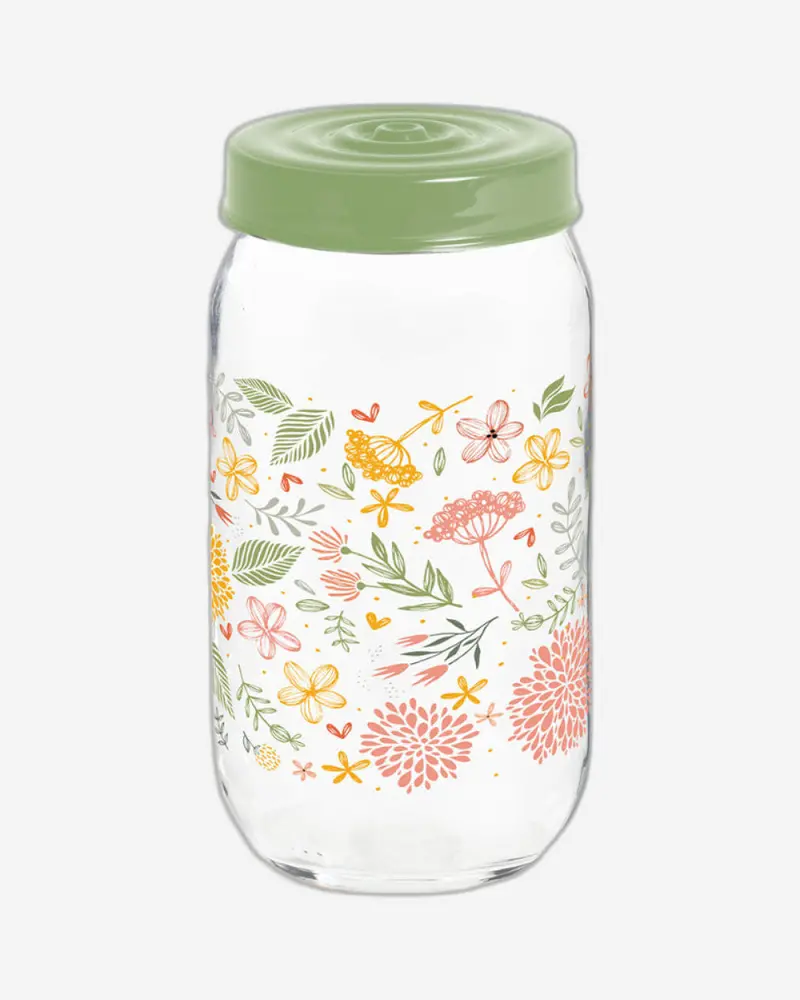 Herevin 1L Botanic-Style Glass Spice Jar – Decorative Green Pp Lid, Clear Glass Construction 1