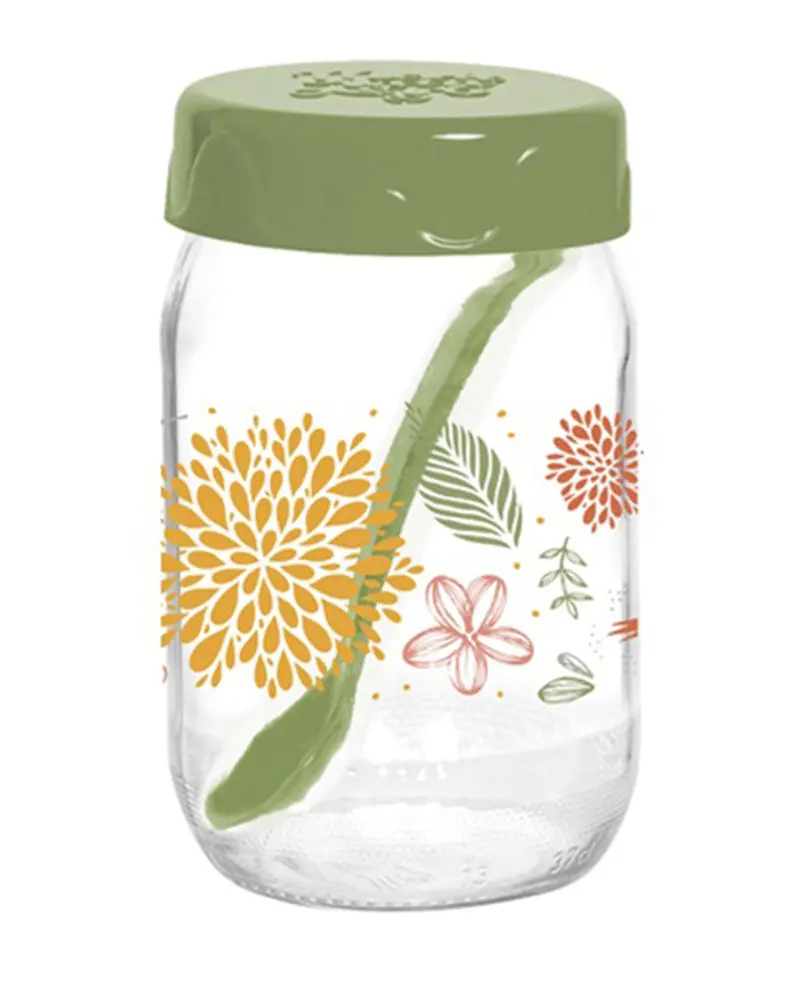 Herevin 370Ml Botanic Glass Spice Jar With Spoon – Green Pp Lid, Transparent Jar & Included Measuring Spoon 1