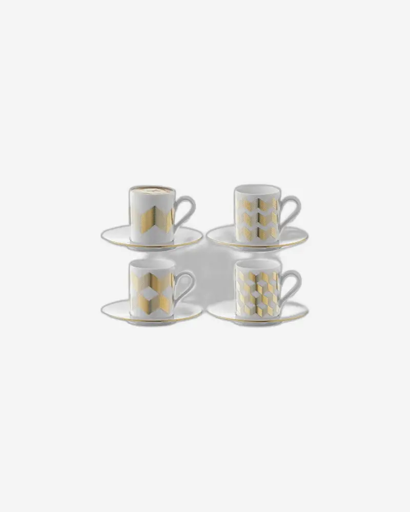 Lsa Chevron Coffee Cup And Saucer – Set Of 4, Gold-Finished Ceramic 1