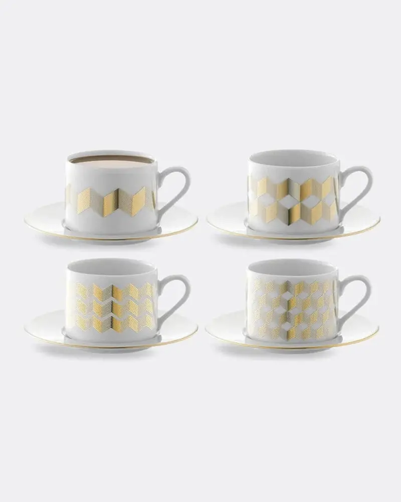 Lsa Chevron Teacup And Saucer Set – Set Of 4, Gold-Decorated 1
