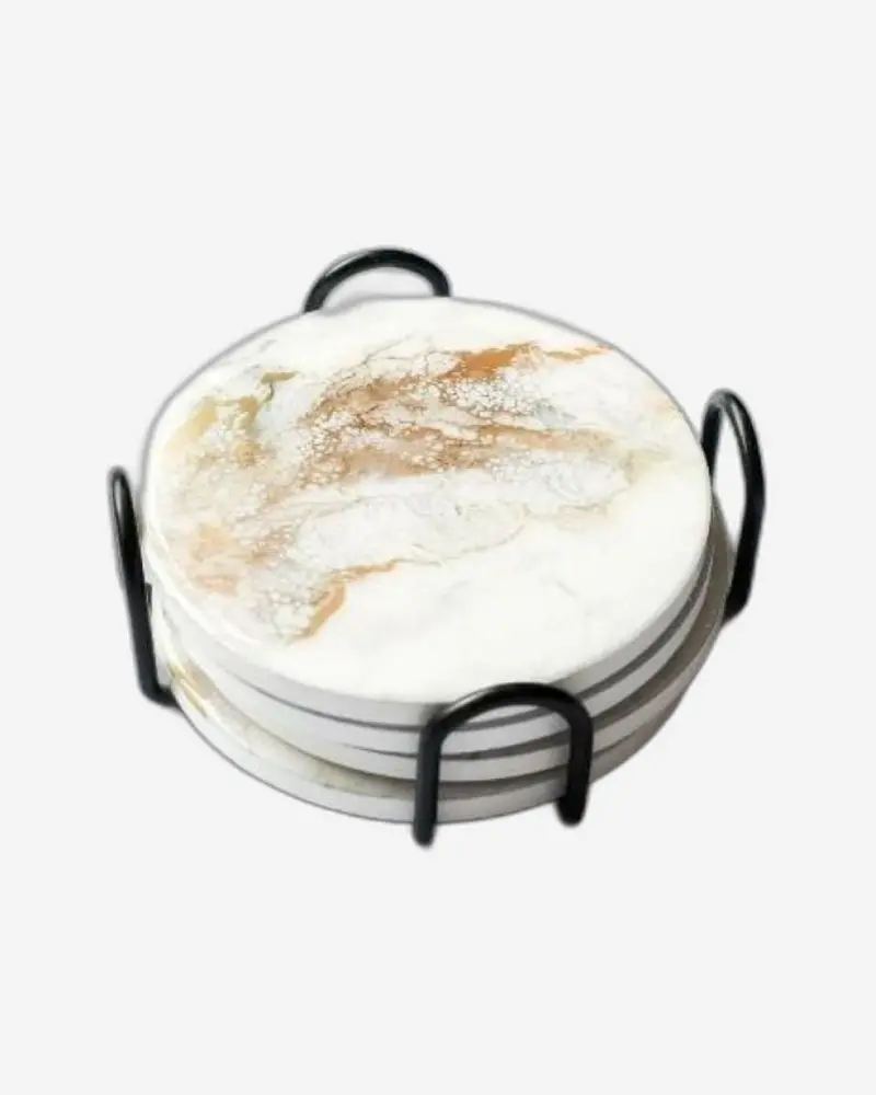Lynn & Liana Gold-Printed Ceramic Coaster Set With Stand (4 Pcs) 1
