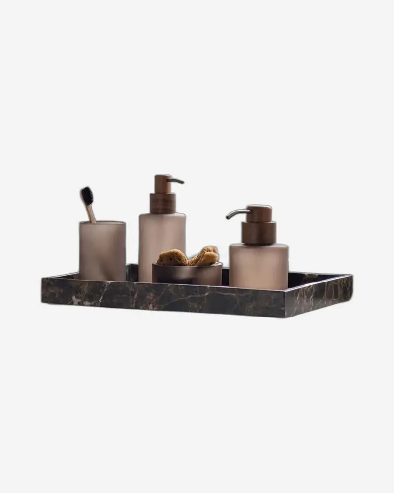 Mette Ditmer Modest Glass Bathroom Set — Walnut Finish, Minimalist Design 1