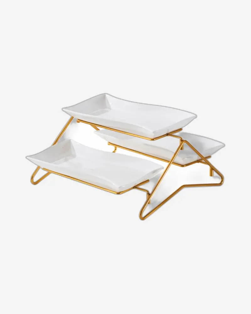 Minimalist 2-Tier White Porcelain Platter Set – Gold-Finished Stand 1