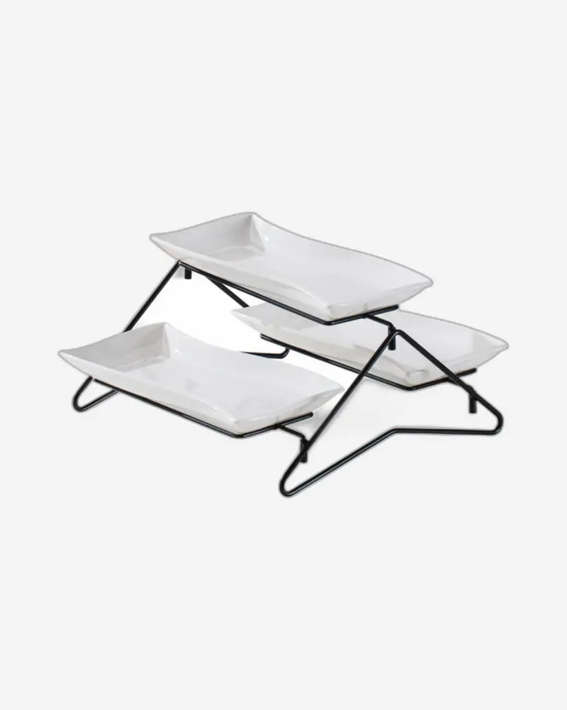 Minimalist 2-Tier White Porcelain Platter Set – Matte Black Stand 1
