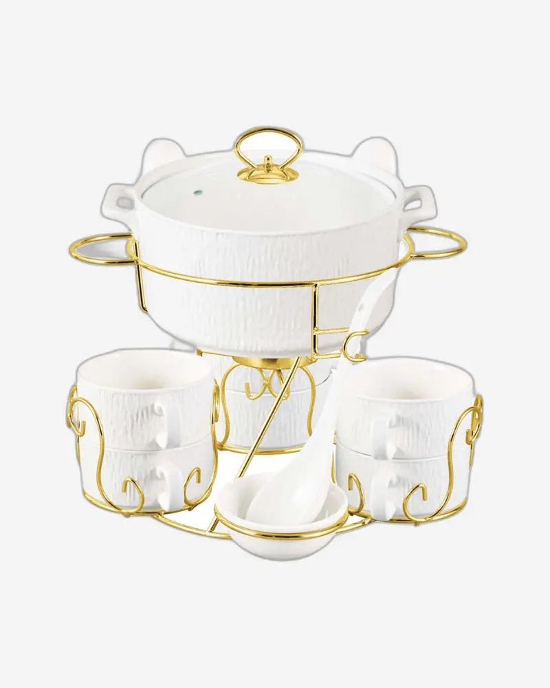 Shallow Amer 17-Piece Modern Porcelain Soup Set – Sleek Gold Stand & Contemporary Tableware 1