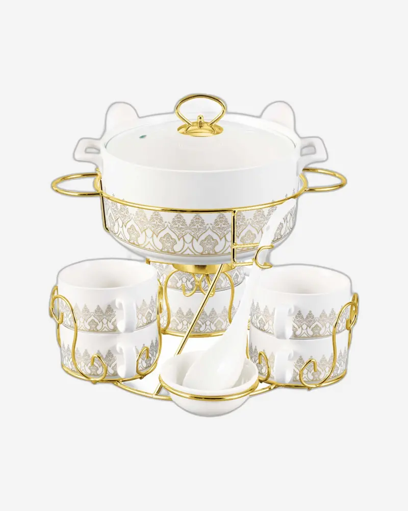 Shallow Azu 17-Piece Minimalist Porcelain Soup Set – Clean White Aesthetic With Gold Accent Stand 1