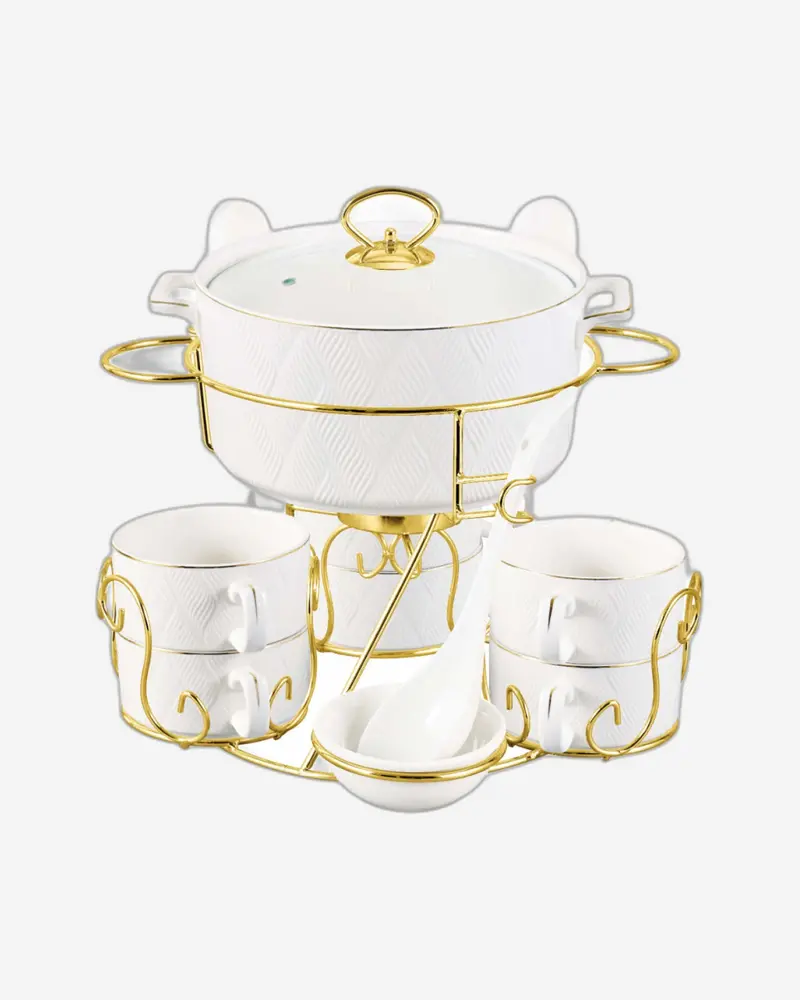 Shallow Luxury Ash 17-Piece Porcelain Soup Ensemble – Pure White Finish & Gilded Stand 1