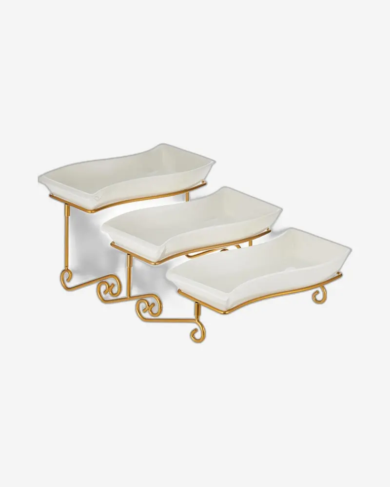 Tiered 3-Bowl Porcelain Serving Stand With Gold Rack – Three 30Cm Shallow Plates For Dessert Presentation 1