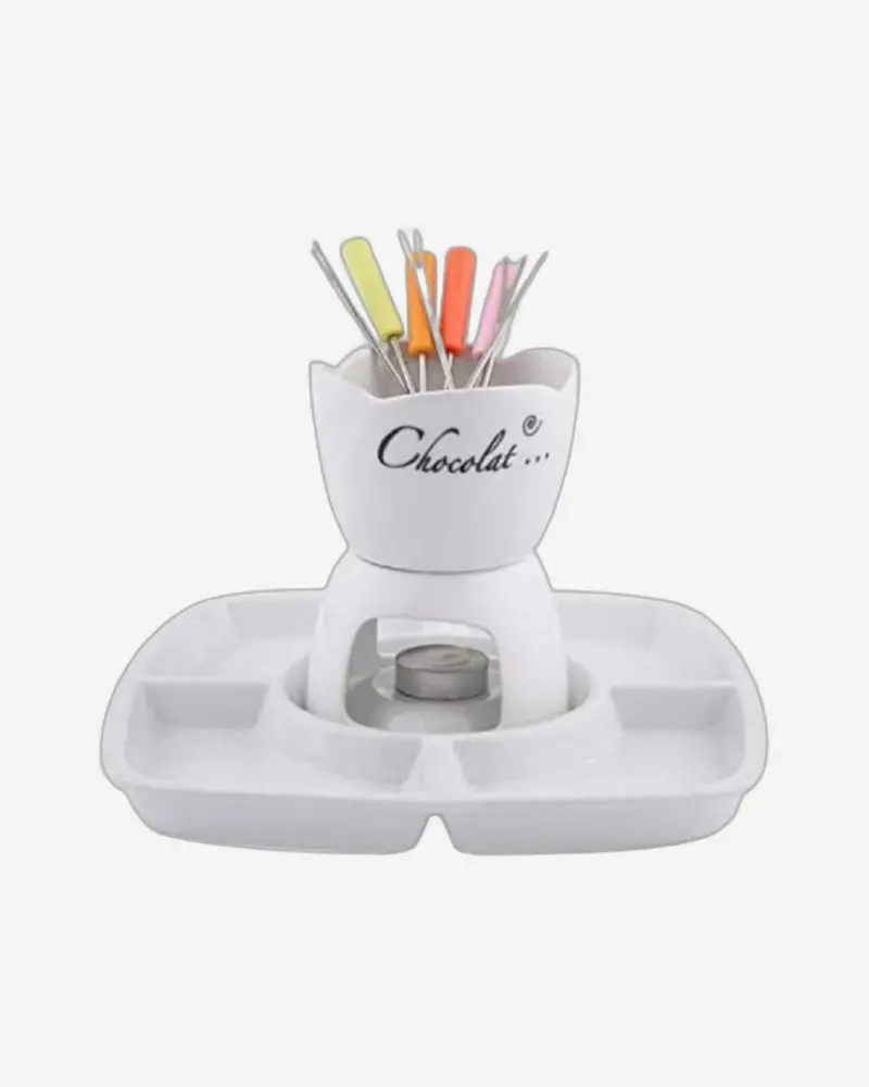 White Porcelain Fondue Set – Complete Cheese, Chocolate, Or Oil Fondue Serveware 1